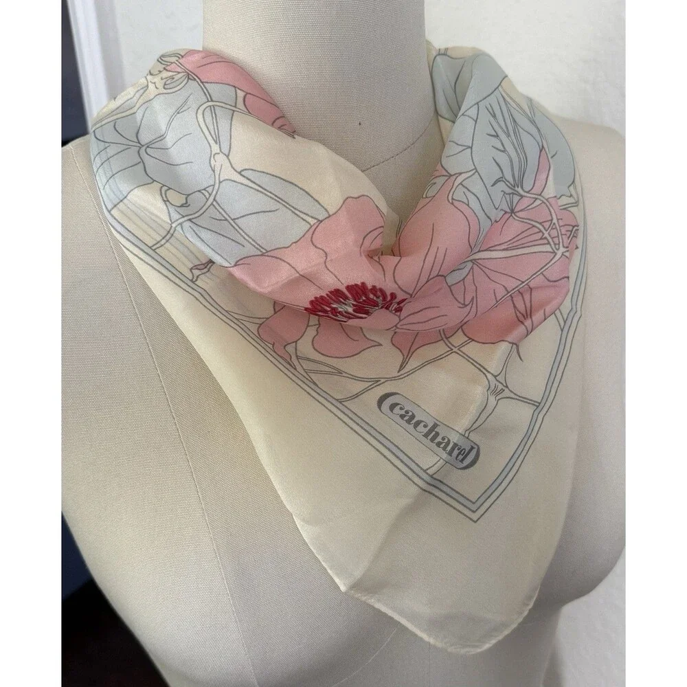 Vintage Cacharel Silk Floral Scarf ”Pastels Colors Hand Rolled